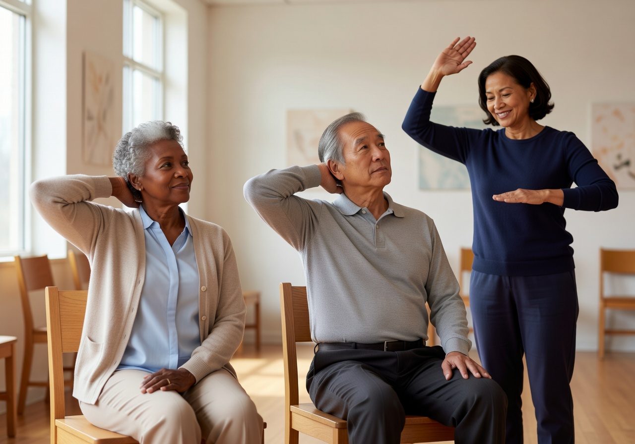 Two seniors performing gentle chair stretches with a supportive instructor in a bright community room