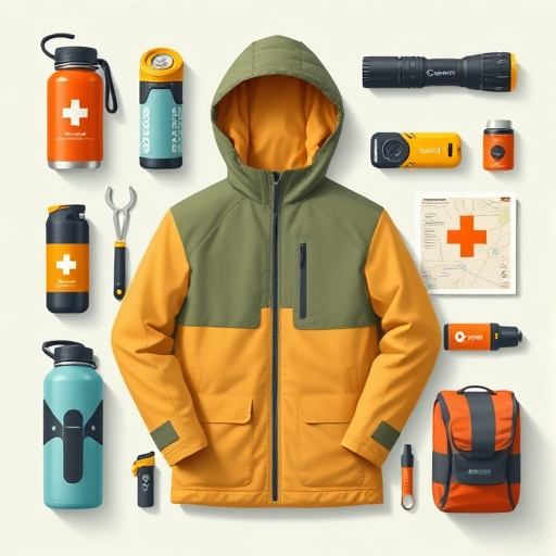 Essential camping gear laid out including water bottles, jacket, lighter, and supplies