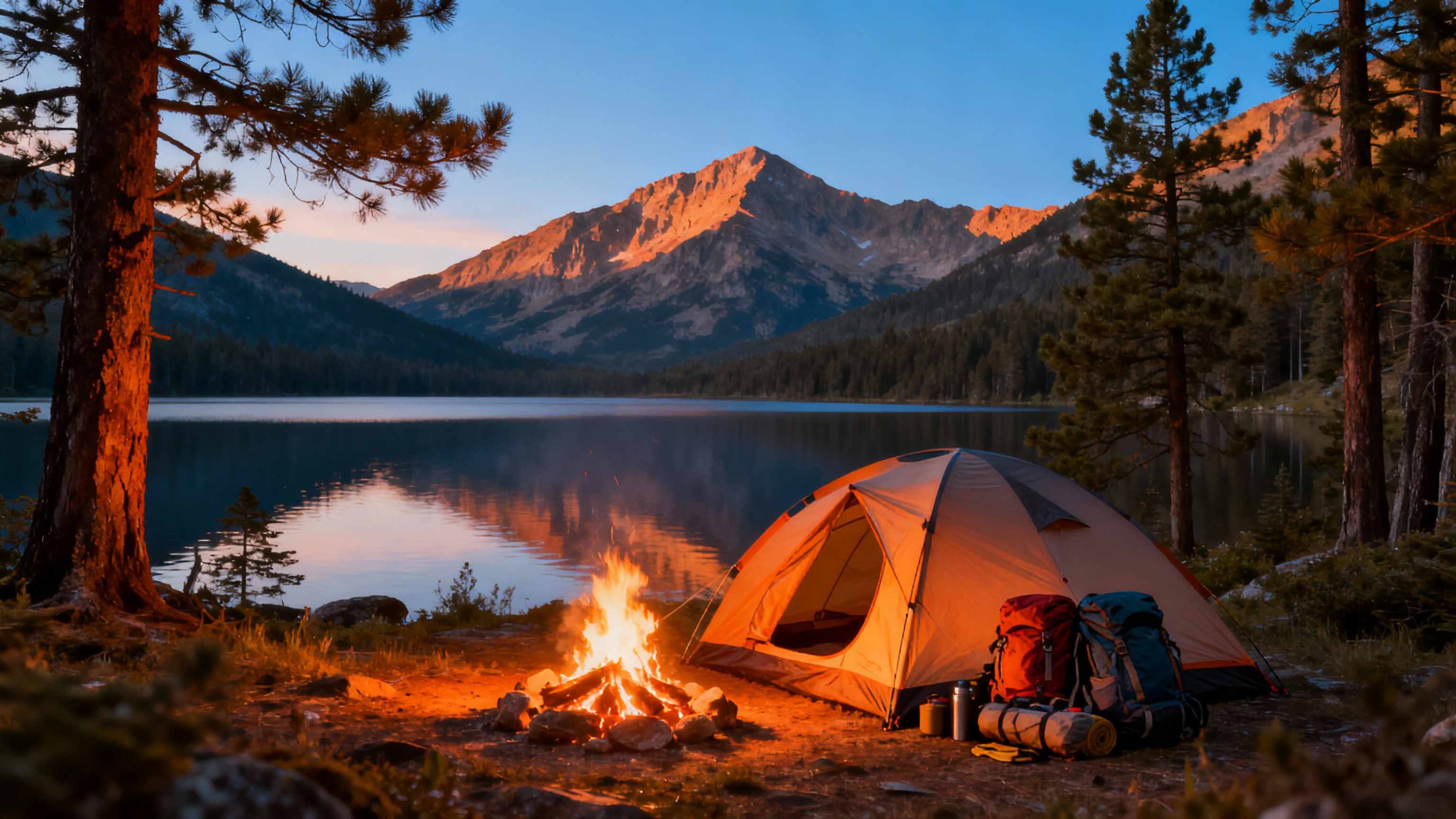 Beautiful camping scene with tent by mountain lake at golden hour