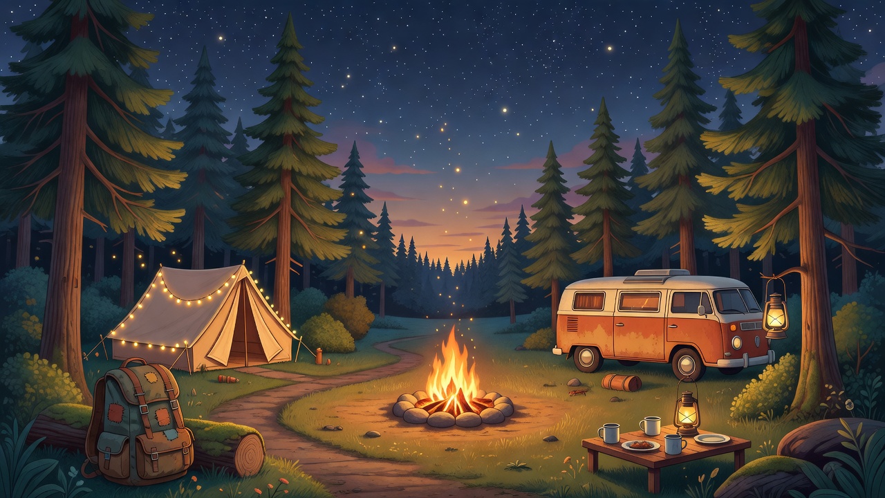 Illustrated campfire scene with pine trees and starry sky