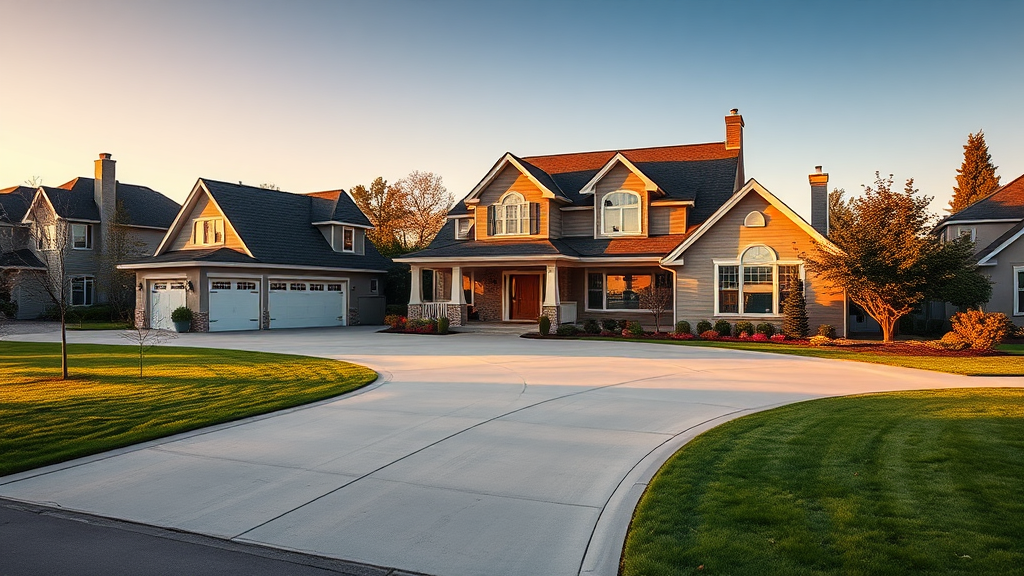 Upscale residential home exterior at golden hour