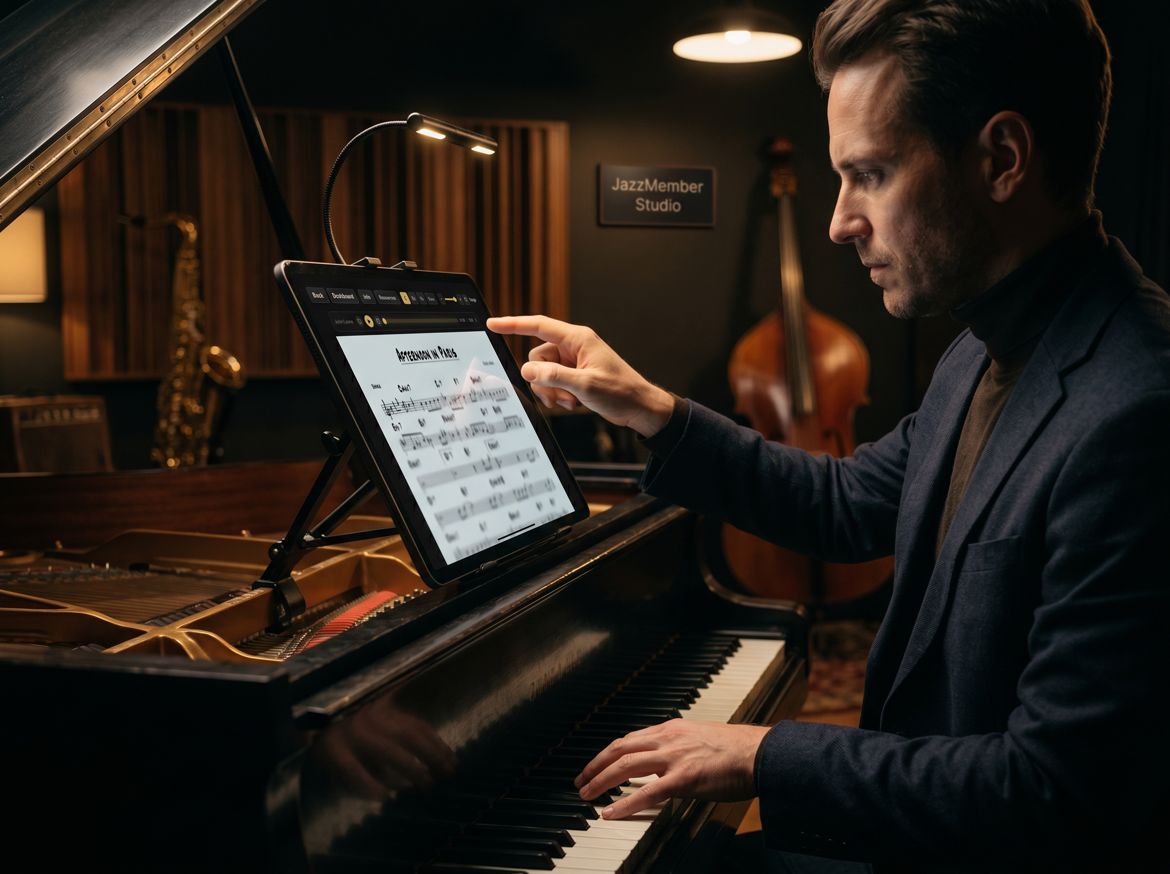 Musician viewing a JazzMember chart view on a tablet at a piano