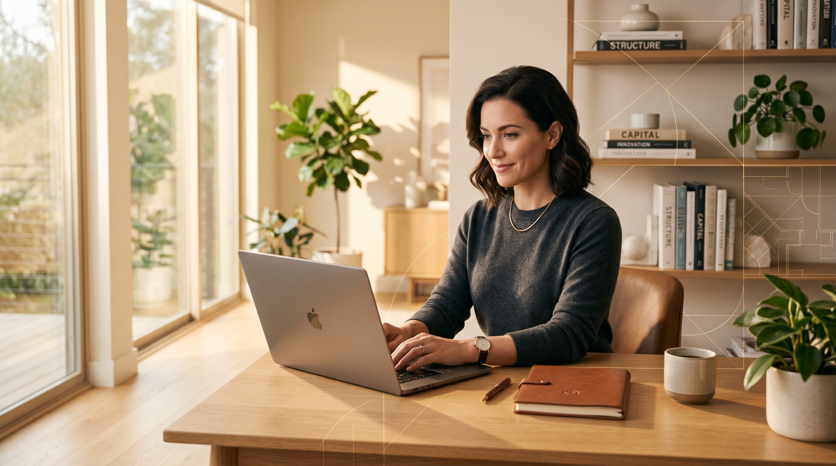 Professional in a sun-drenched office focusing on work