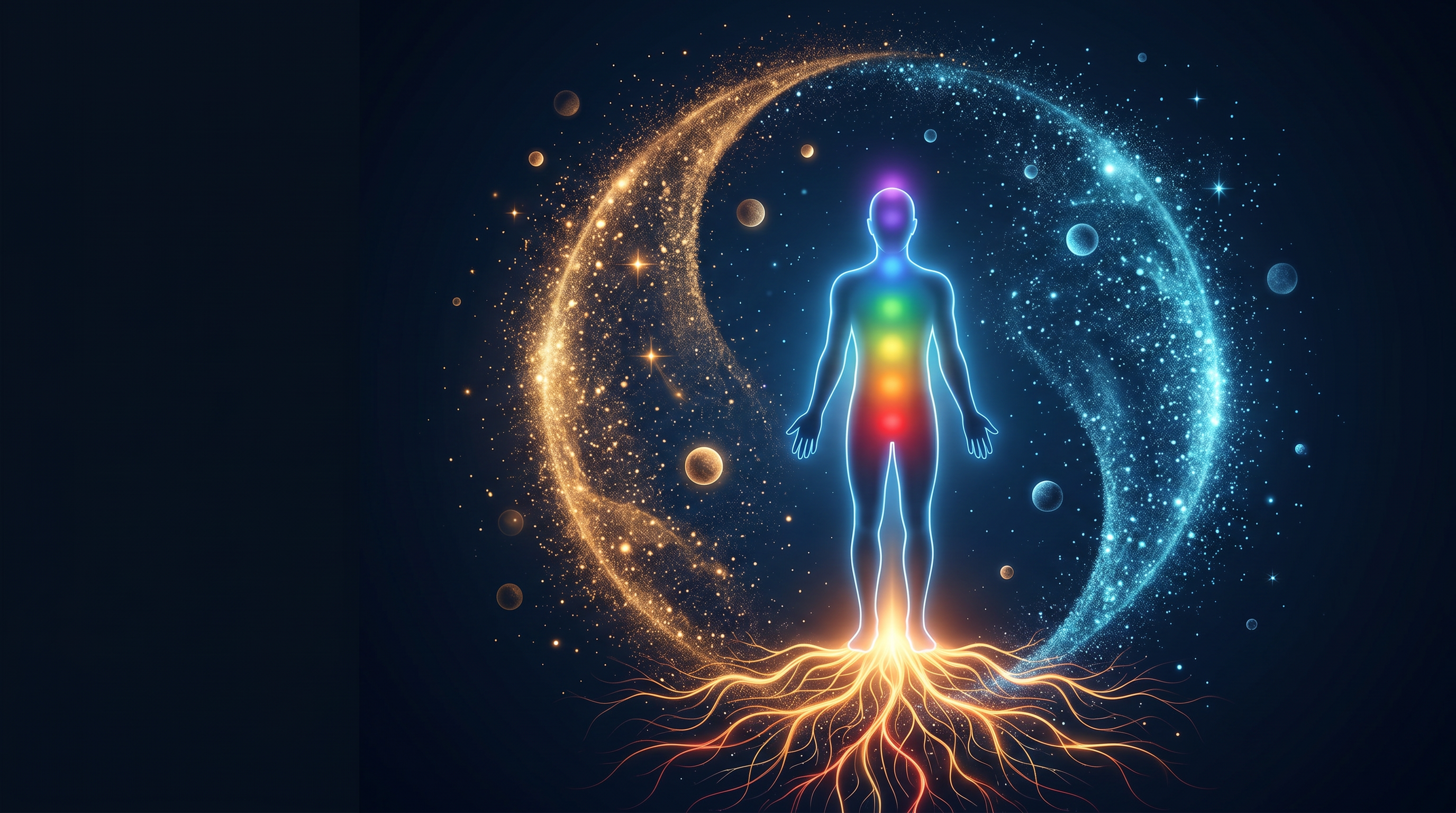 Revised chakra yin-yang silhouette with stardust and orbs