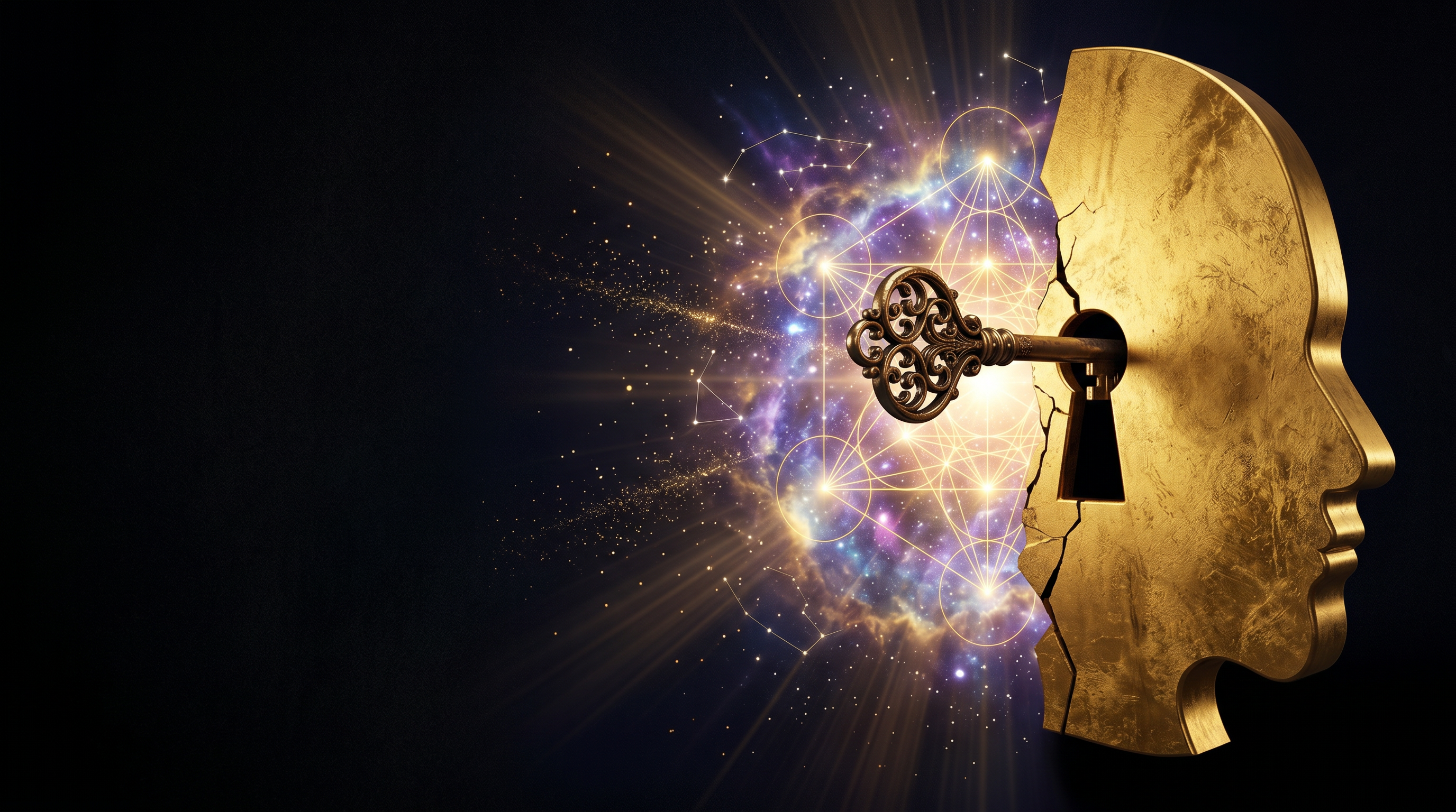 Golden head opening like a door with a skeleton key and cosmic light inside