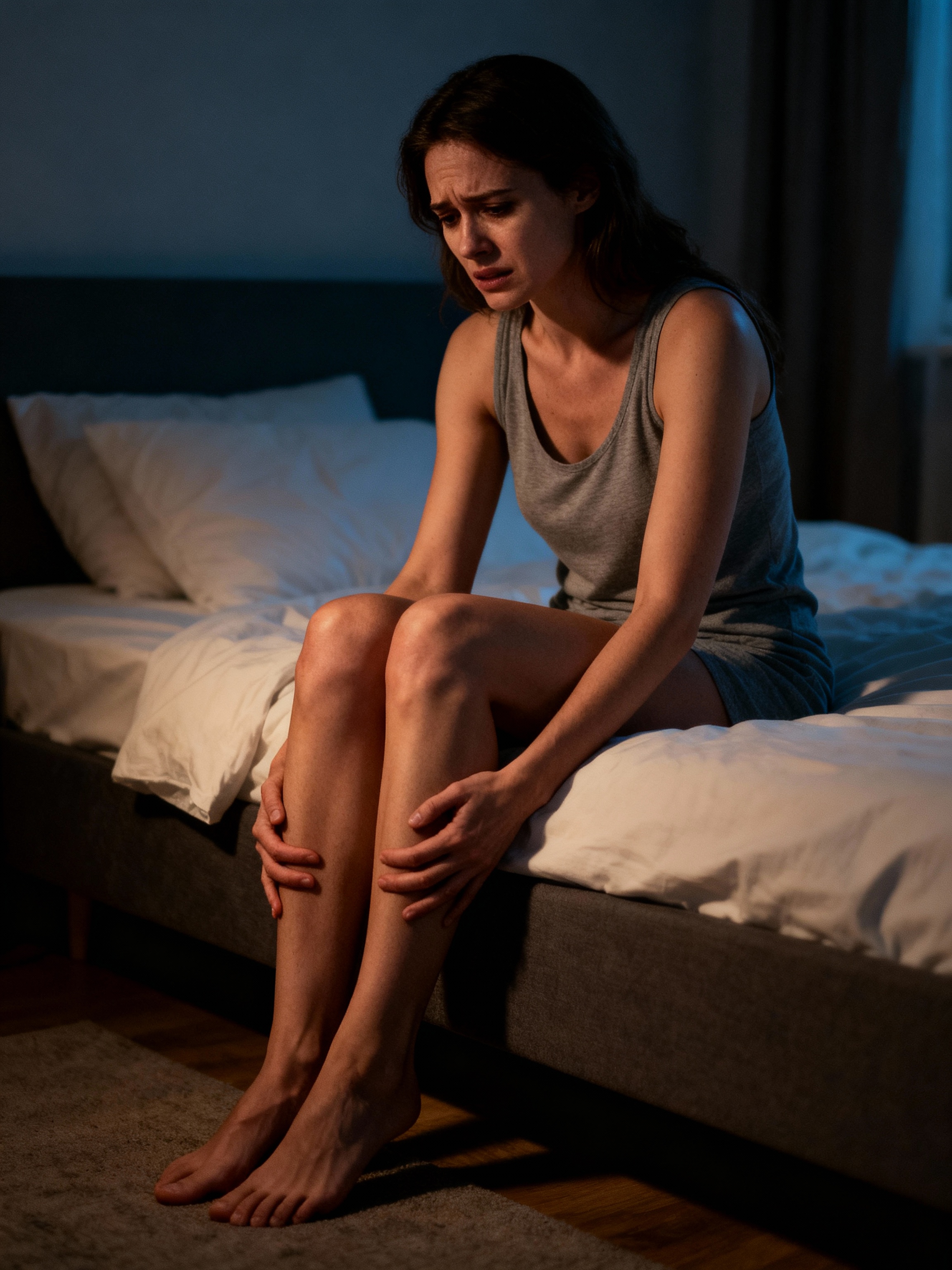 Woman experiencing restless legs discomfort at night