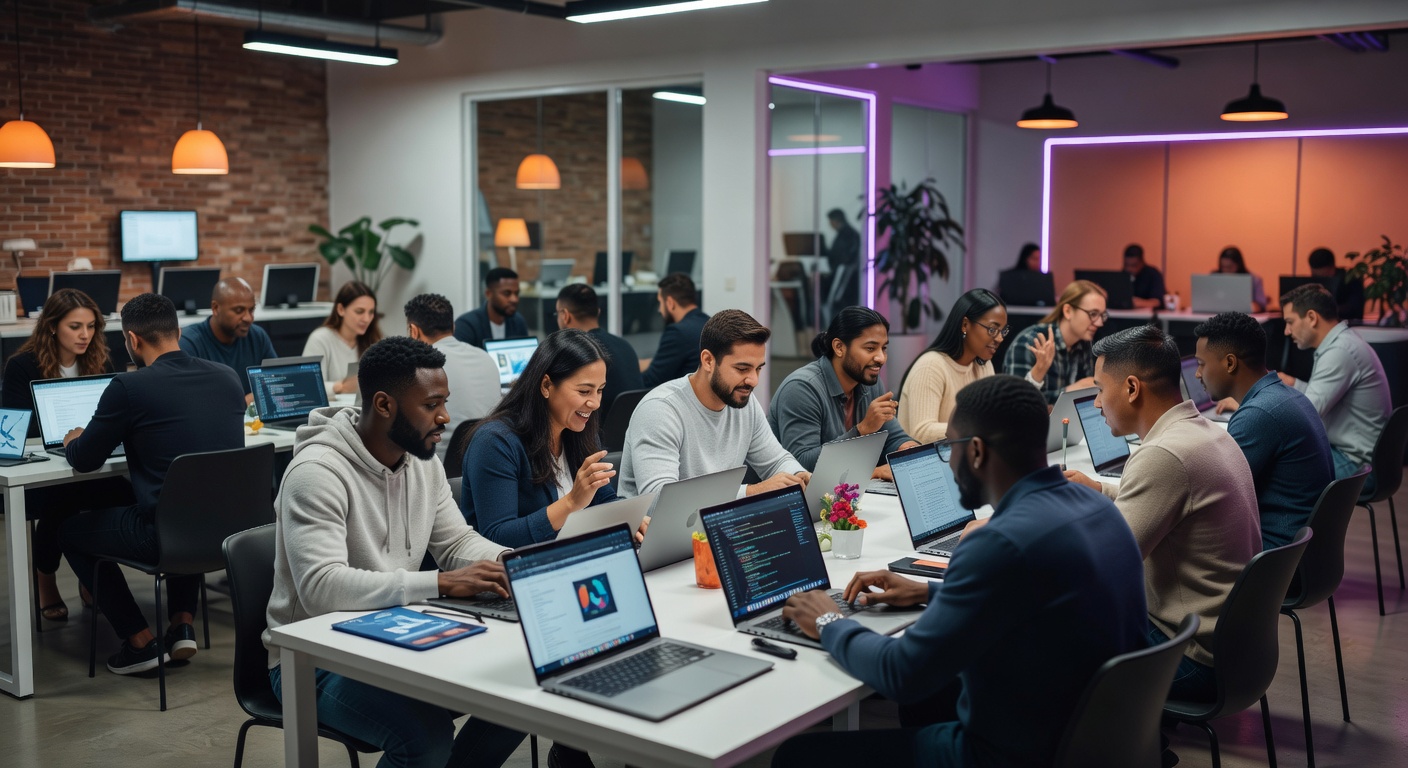 Diverse team collaborating in modern workshop setting