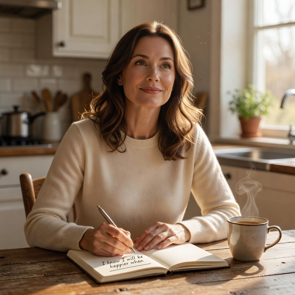 Core — Woman Journaling Goals Sunlit Table Morning Coffee