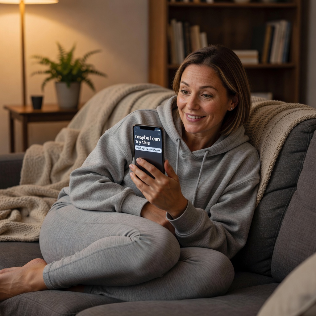 Core — Woman Browsing Fitness App on Couch Maybe I Can Try This