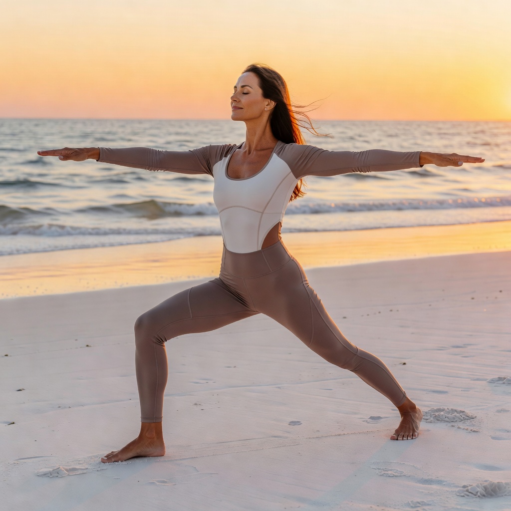 Core — Woman Yoga Warrior Pose Beach at Sunrise