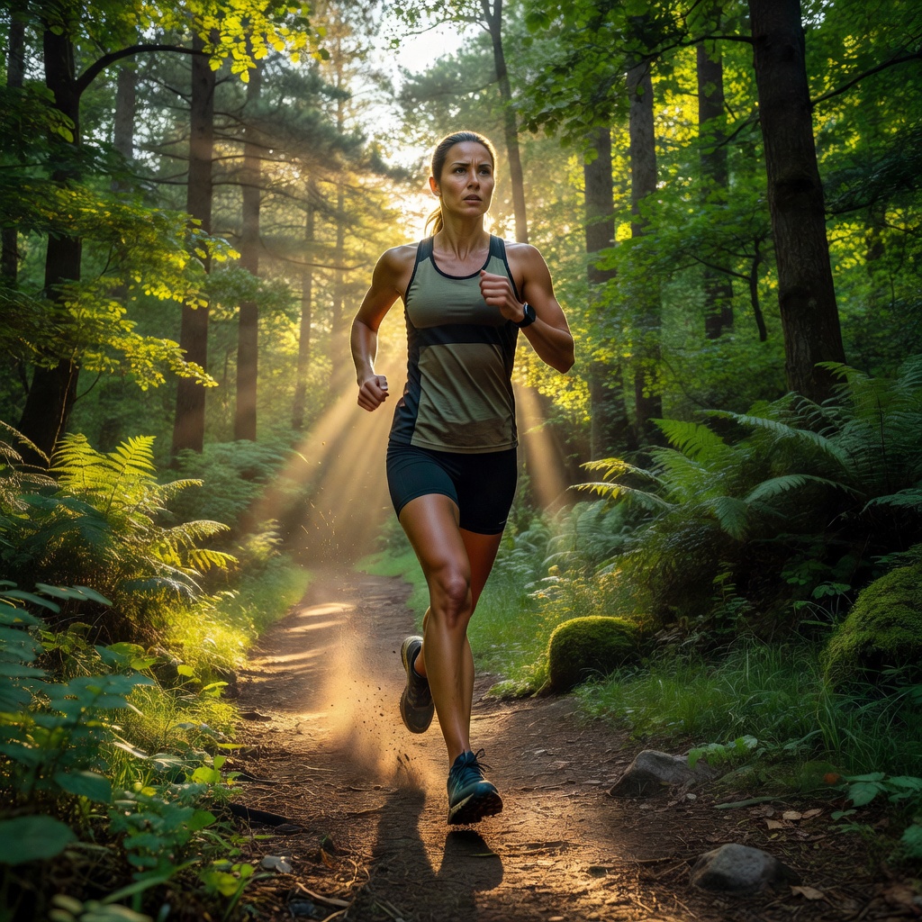 Core — Woman Trail Running Forest at Dawn