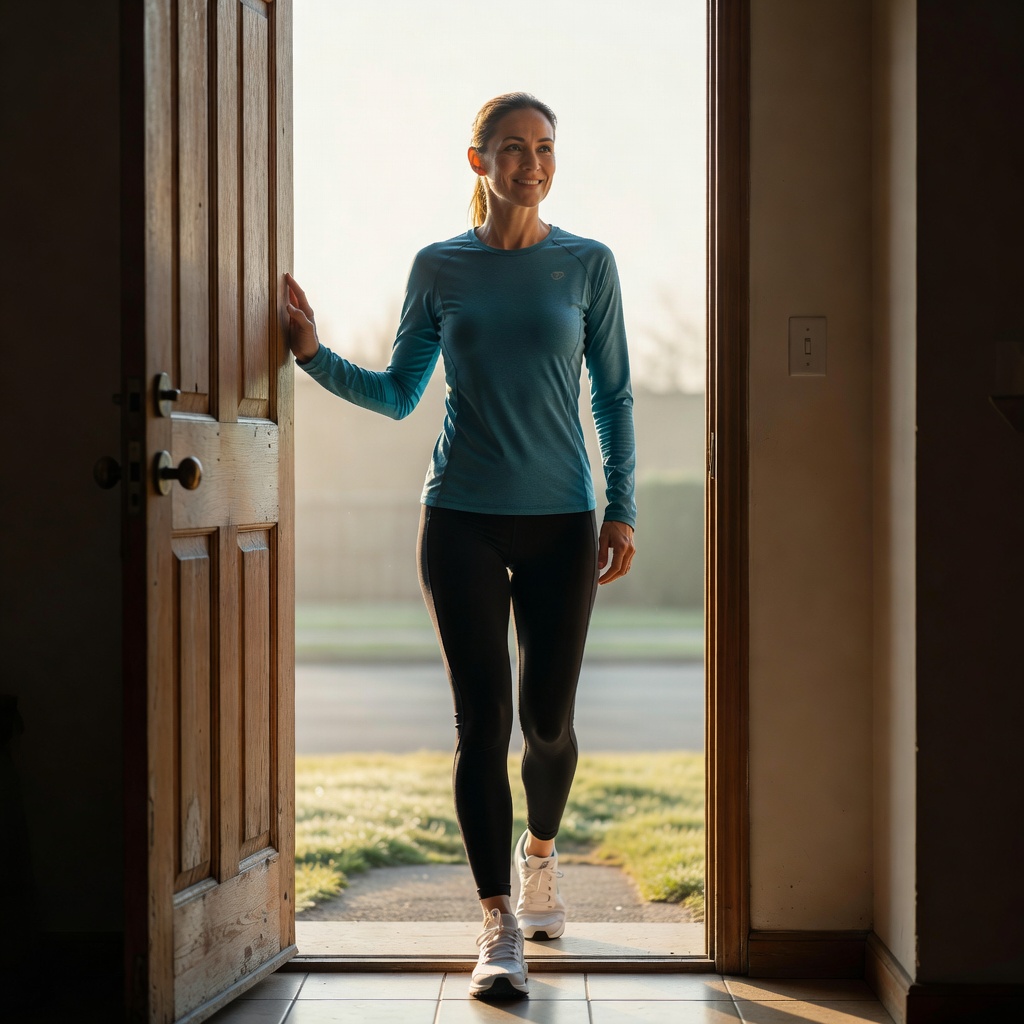 Core — Woman at Open Front Door Morning Light Threshold Moment