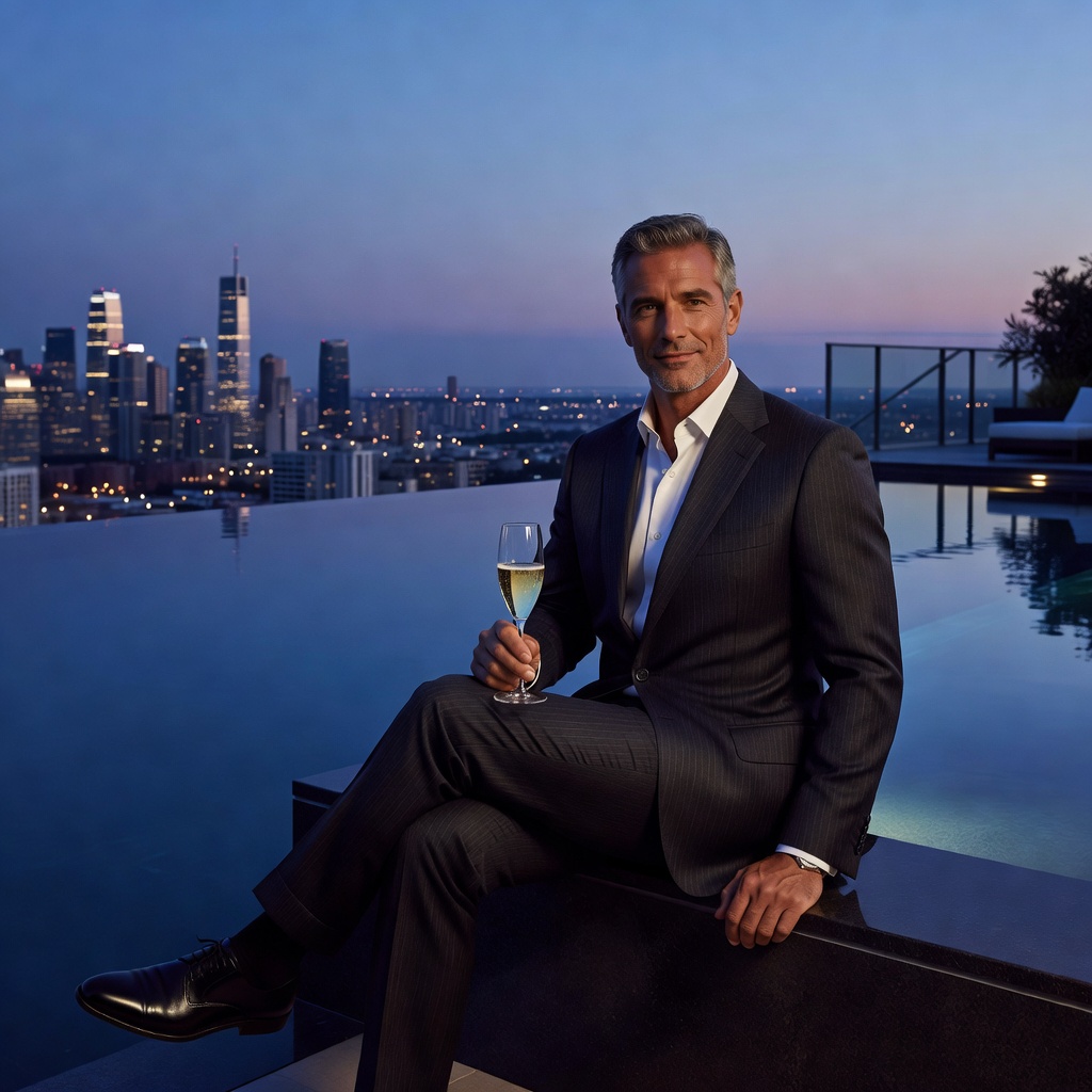 Capital — Man at Rooftop Penthouse Pool City Skyline Dusk