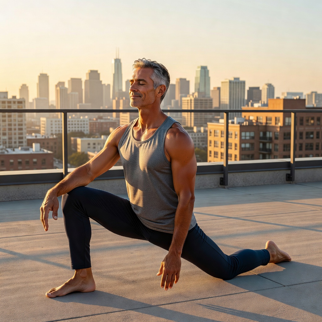 Core — Man Yoga Rooftop Sunrise City Skyline