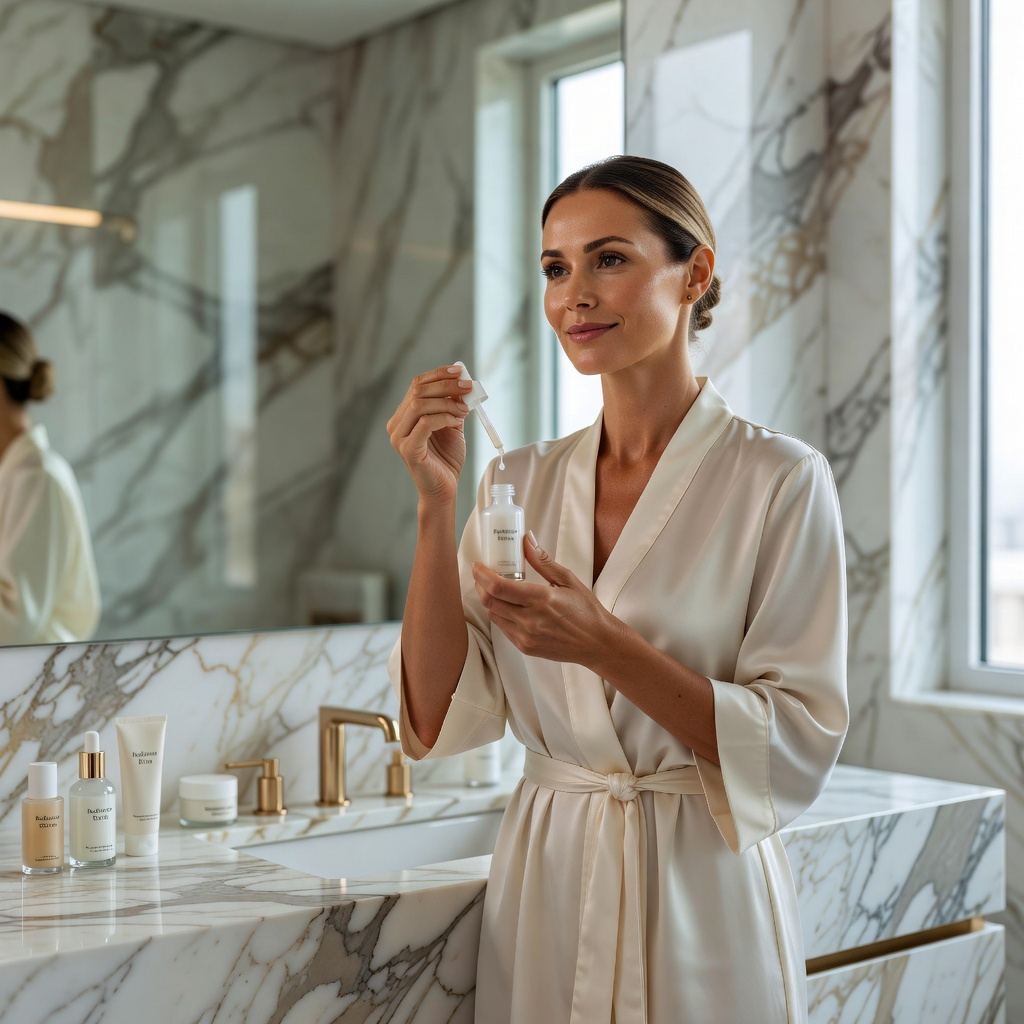 Core — Woman Morning Skincare Routine Luxury Bathroom