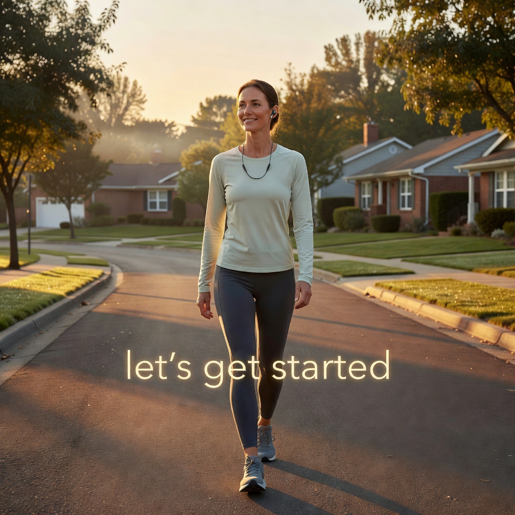 Core — Woman Solo Morning Walk Earbuds Sunrise Let's Get Started