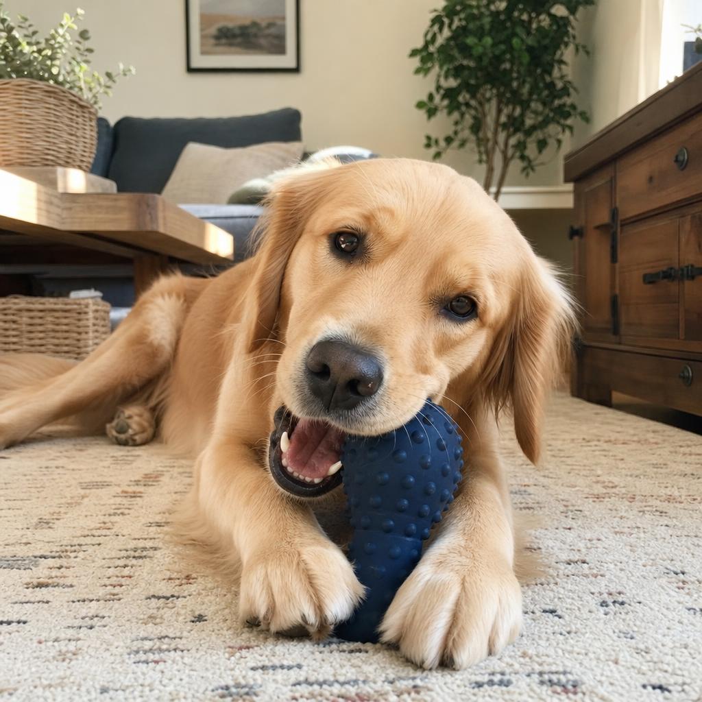 Happy dog playing with a durable toy