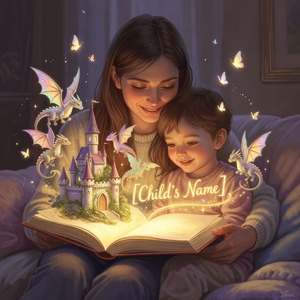 A parent and child reading a personalized magical storybook together