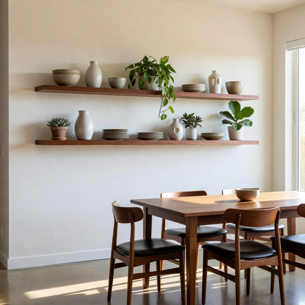 Dining room shelving upgrade with clean arrangement and warm styling