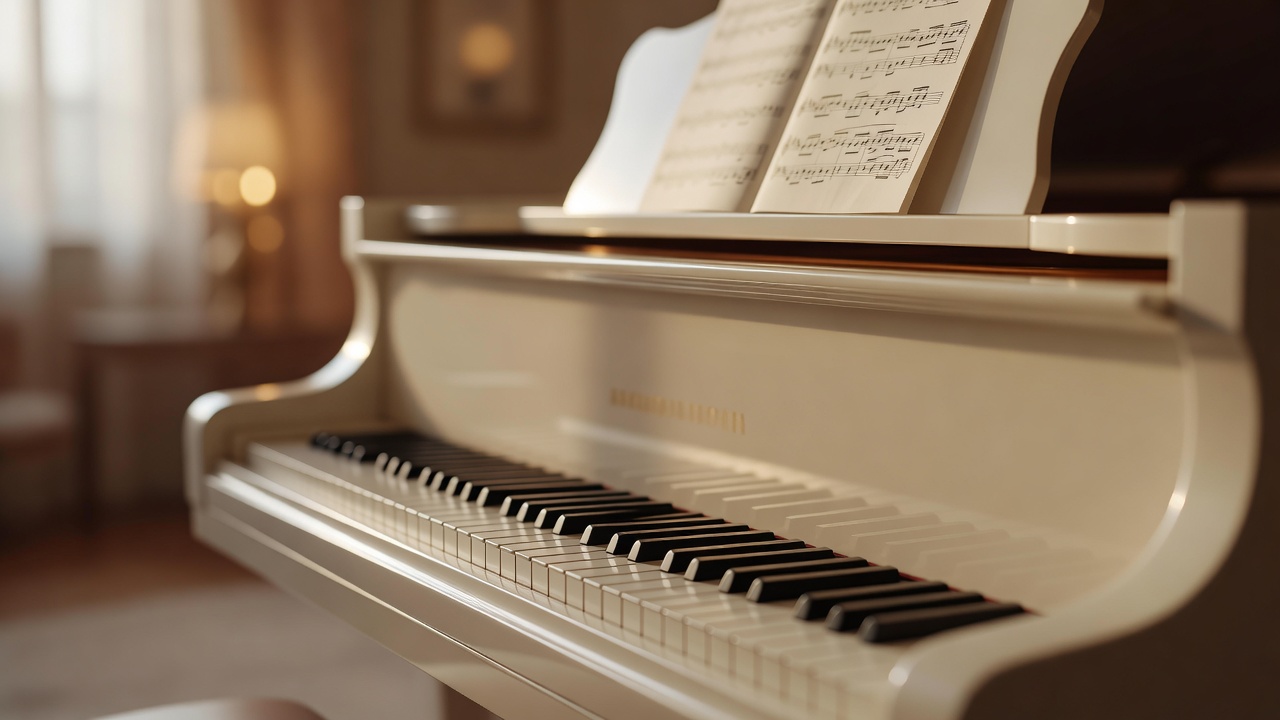 Piano keyboard in warm studio light