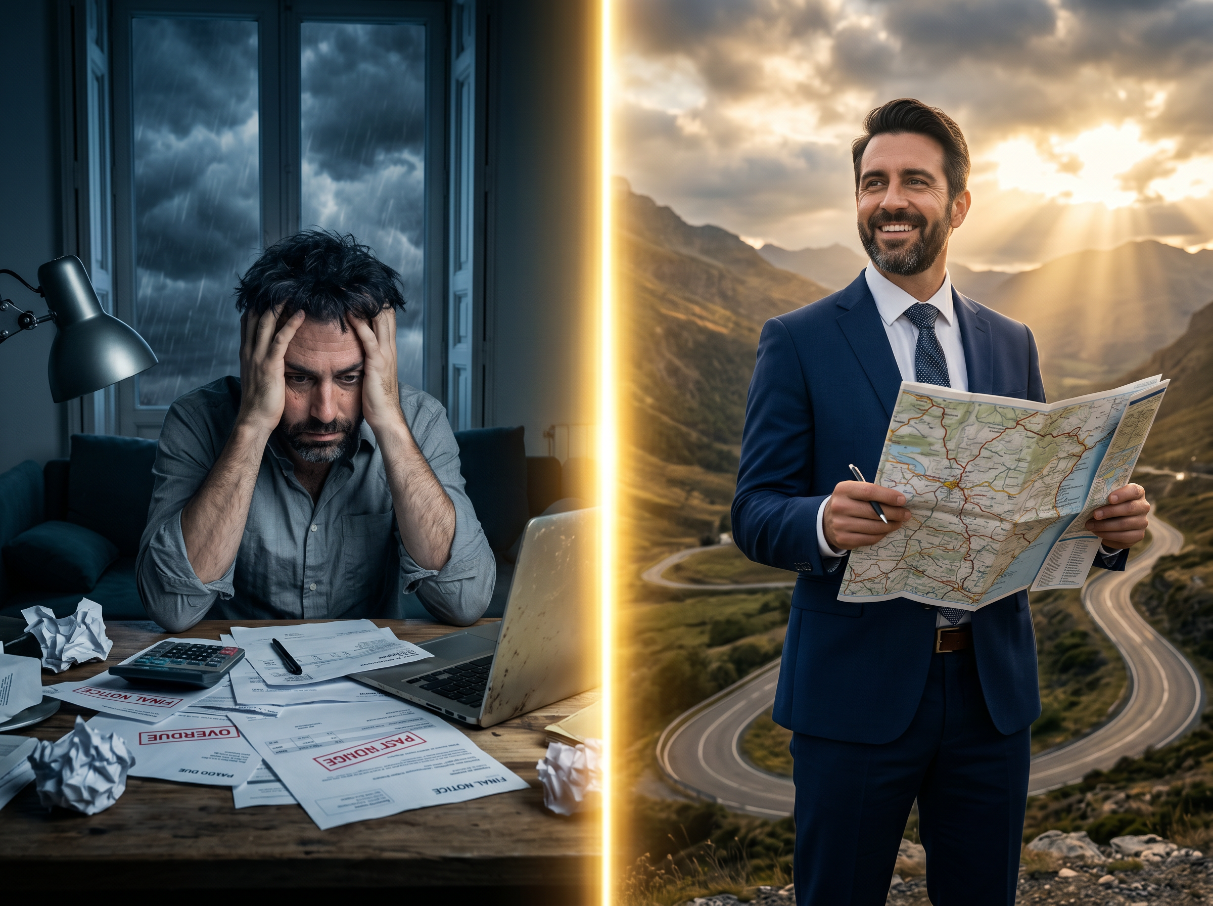 40-year-old man split scene — stressed with bills on the left, confident holding a road map in golden light on the right