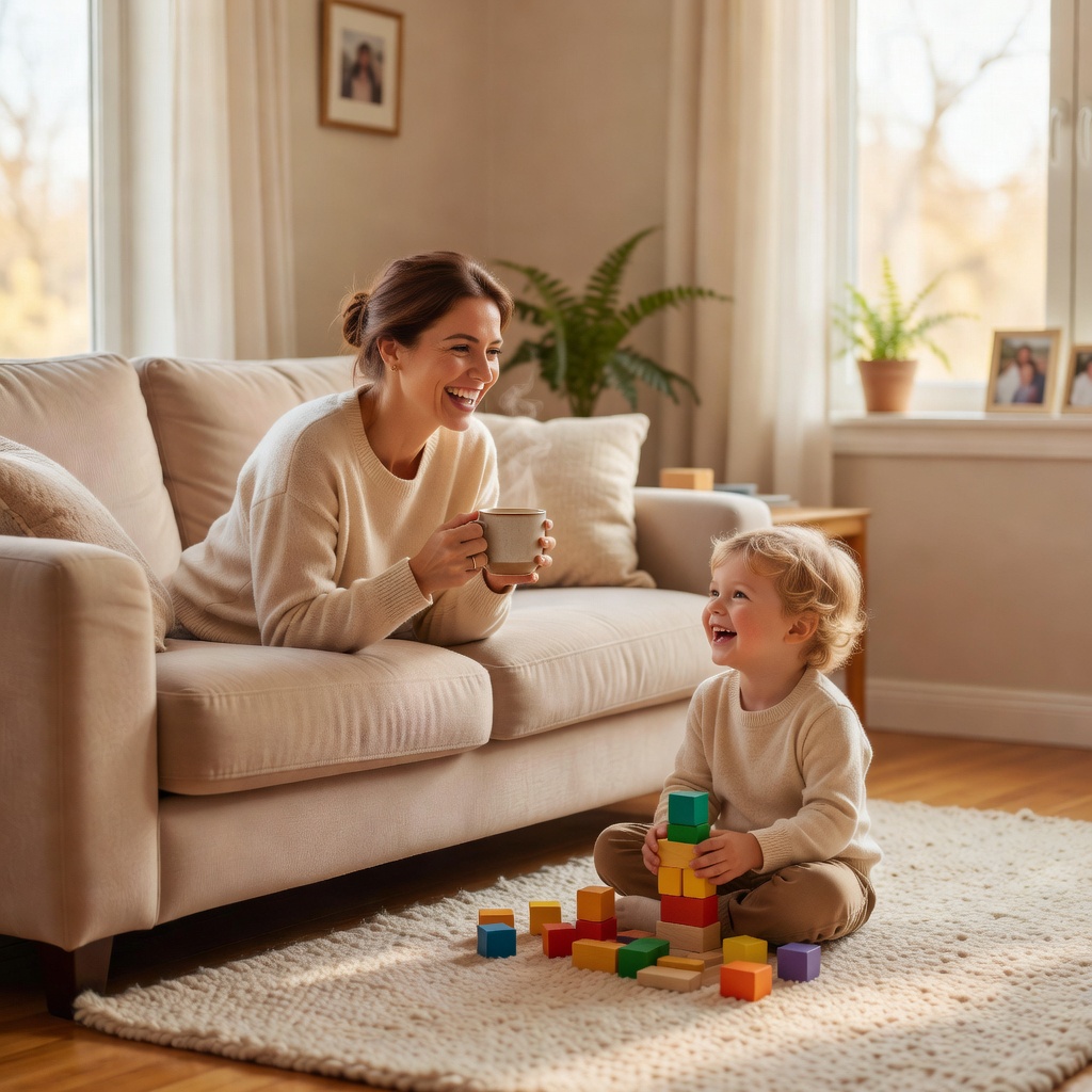 Mom relaxing with child in a clean home