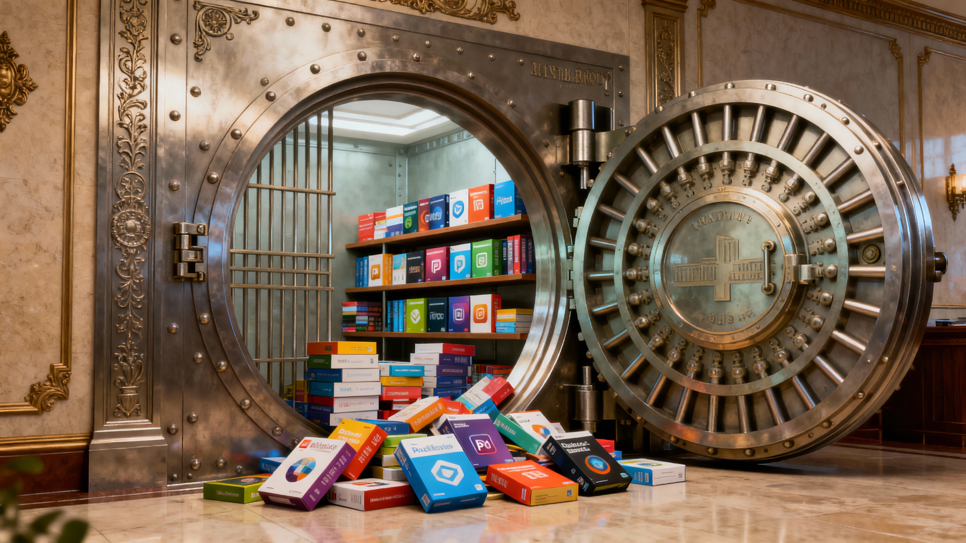 Illustration of Smart App Vault as a Victorian vault overflowing with software boxes