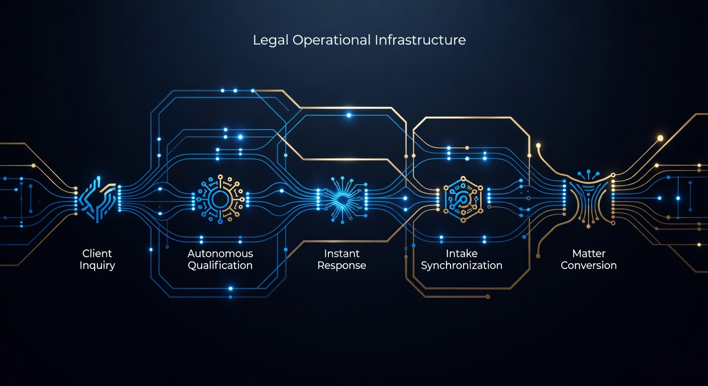 Legal operational infrastructure diagram showing autonomous intake and client response synchronization