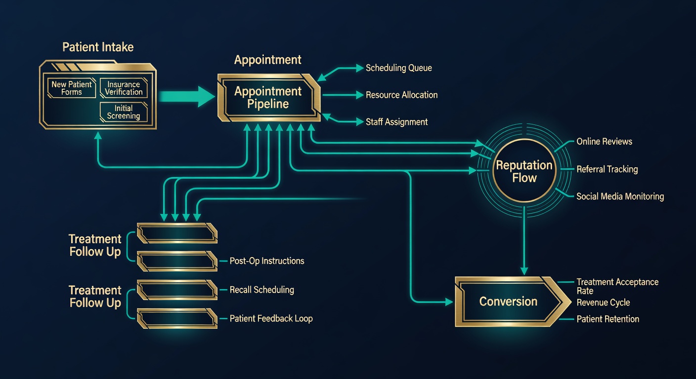 Dental operational workflow diagram showing autonomous patient intake and pipeline management
