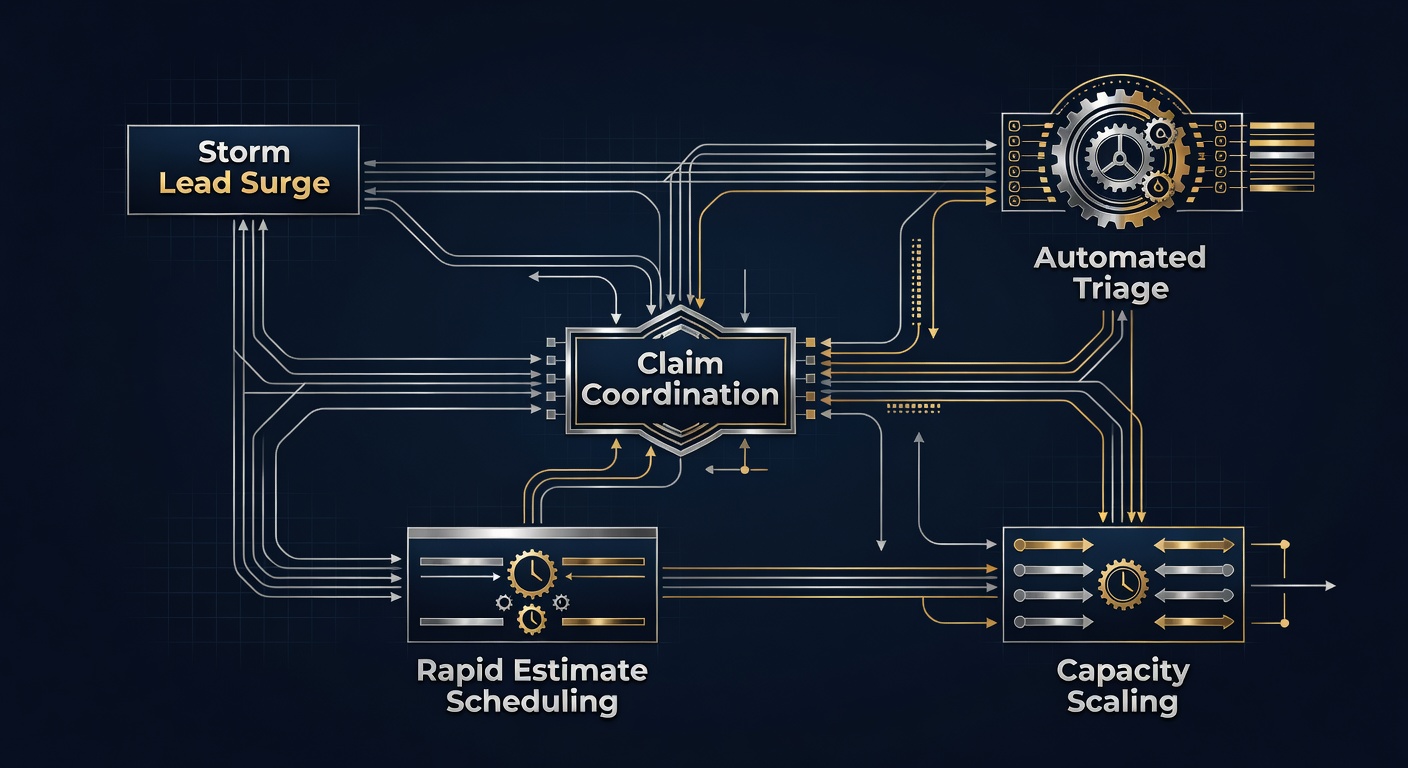 Roofing operational workflow diagram showing storm surge lead management and autonomous scaling