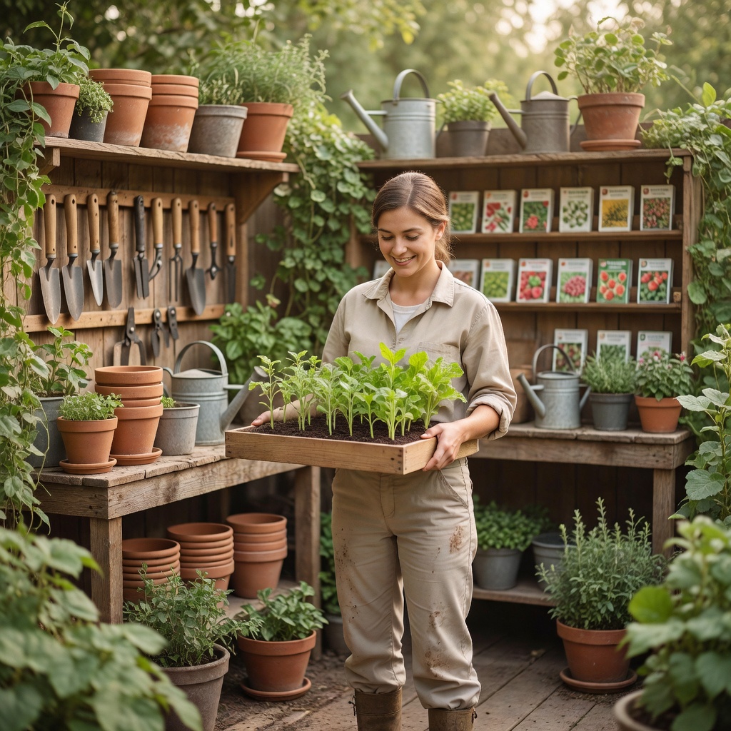 Beginner gardener holding seedlings in a small garden shop