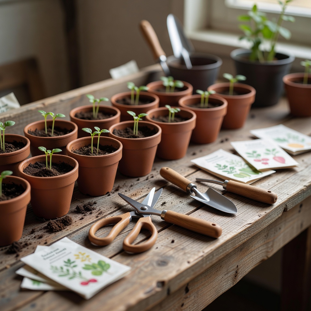 Gardening tools on a bench