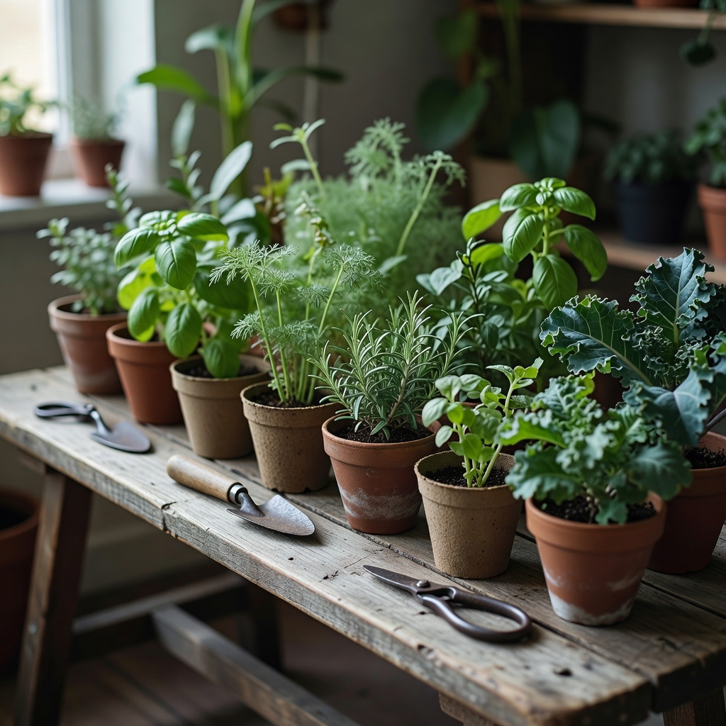 Plant shelf with various gardening tools and pots