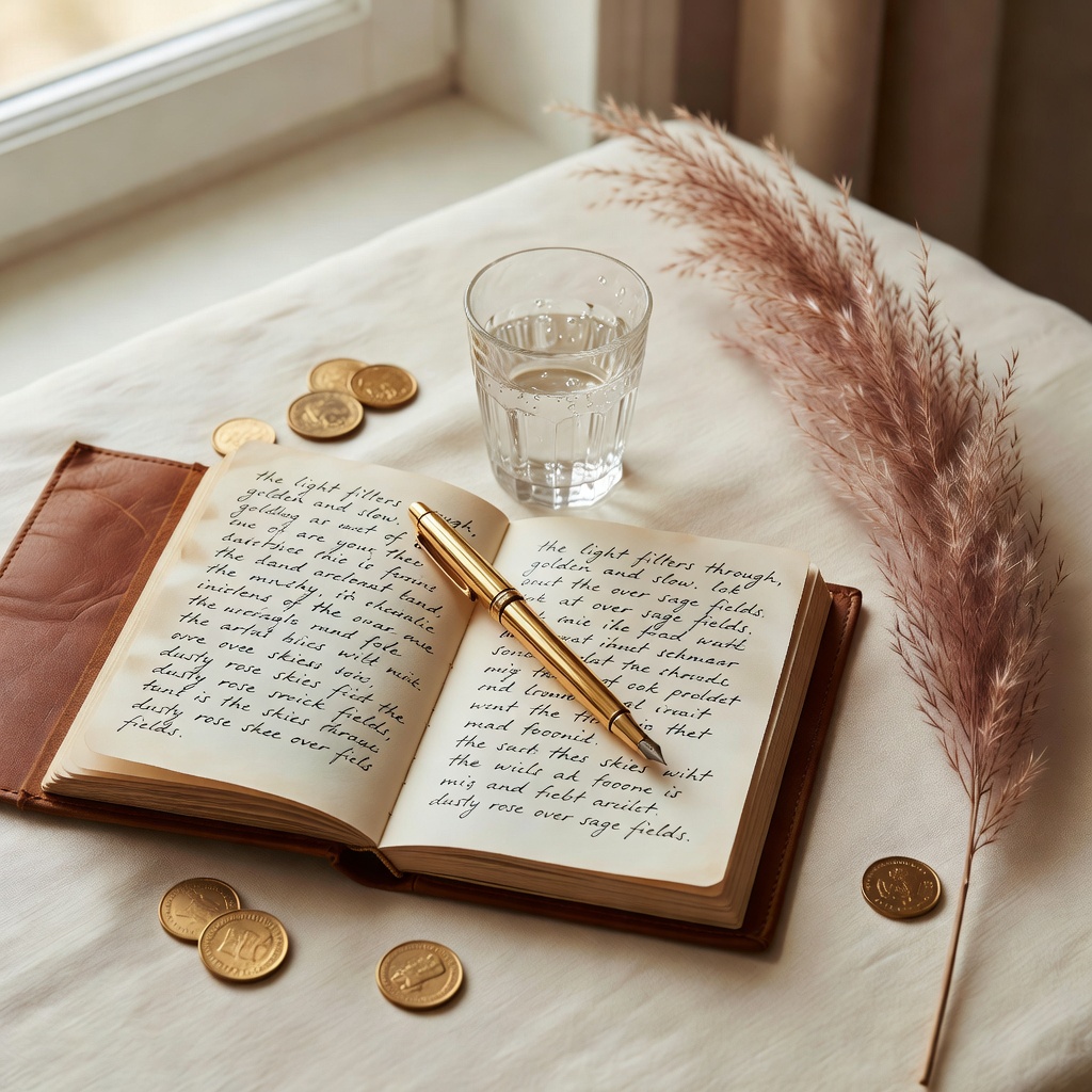Open journal and golden pen resting on a sunlit wooden table — representing the Luminal Method practice