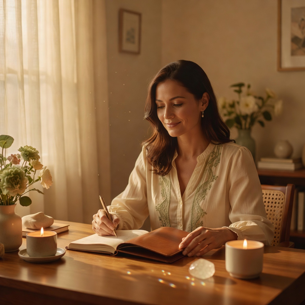 Woman journaling peacefully at a sunlit desk