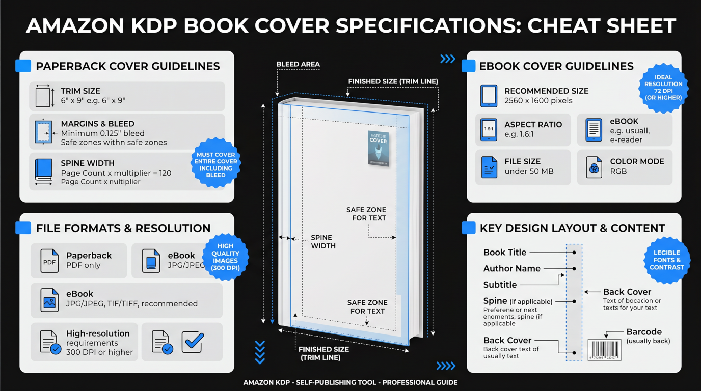 Amazon KDP Cover Requirements Cheat Sheet: Exact Dimensions, Specs, Bleed & Templates for Self-Publishing Success
