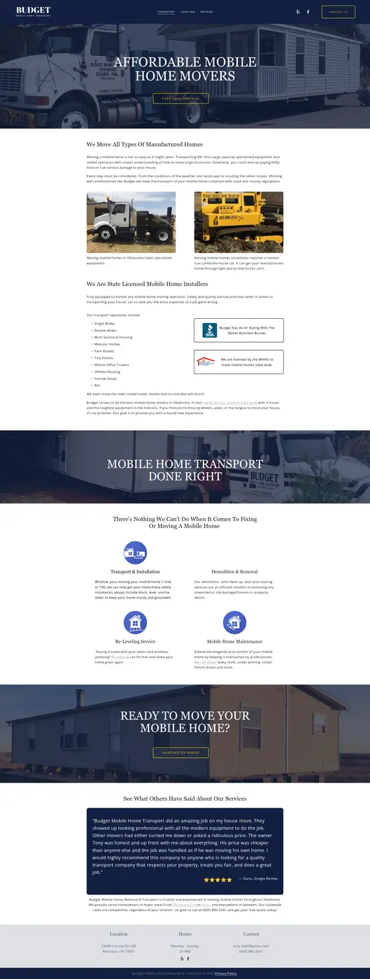 Budget Mobile Home Transport website screenshot
