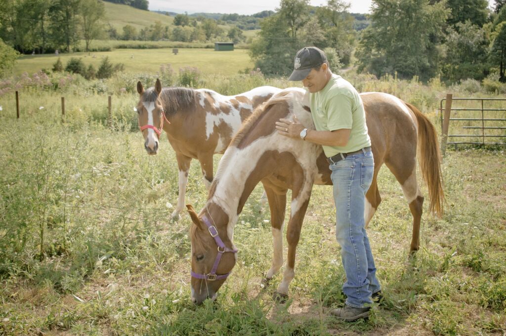 C.A.R.E. founder with Tango and Commanche, two beloved rescue horses, in the green Ohio pasture