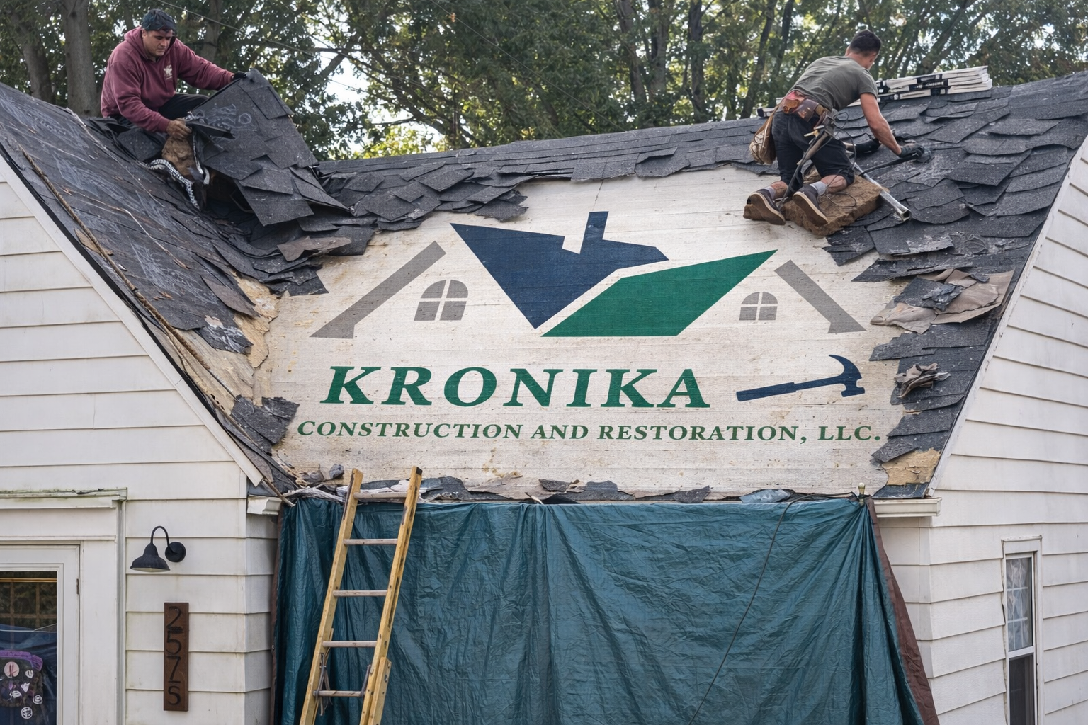 Kronika Construction crew removing old shingles during a roof replacement