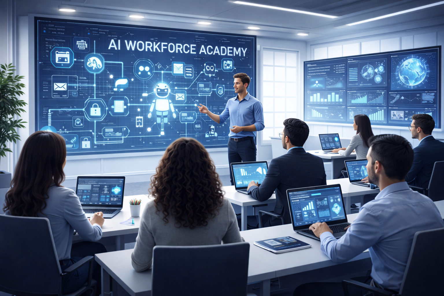 AI Workforce Academy training session in a modern classroom