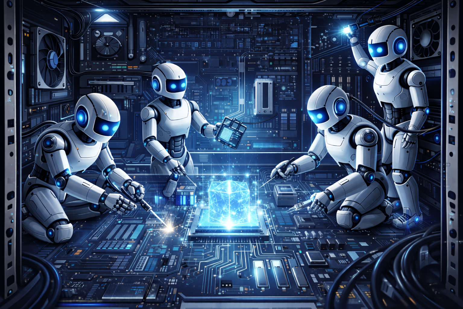 AI robots upgrading a digital system