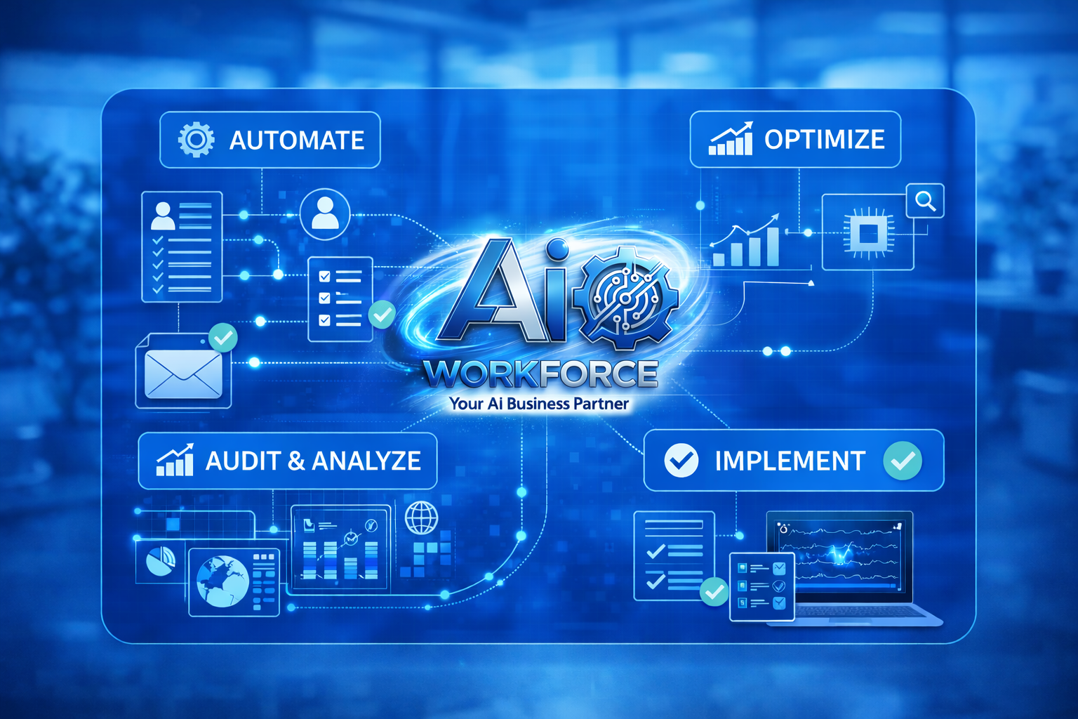 AI Workforce diagram showing automate, optimize, audit & analyze, and implement