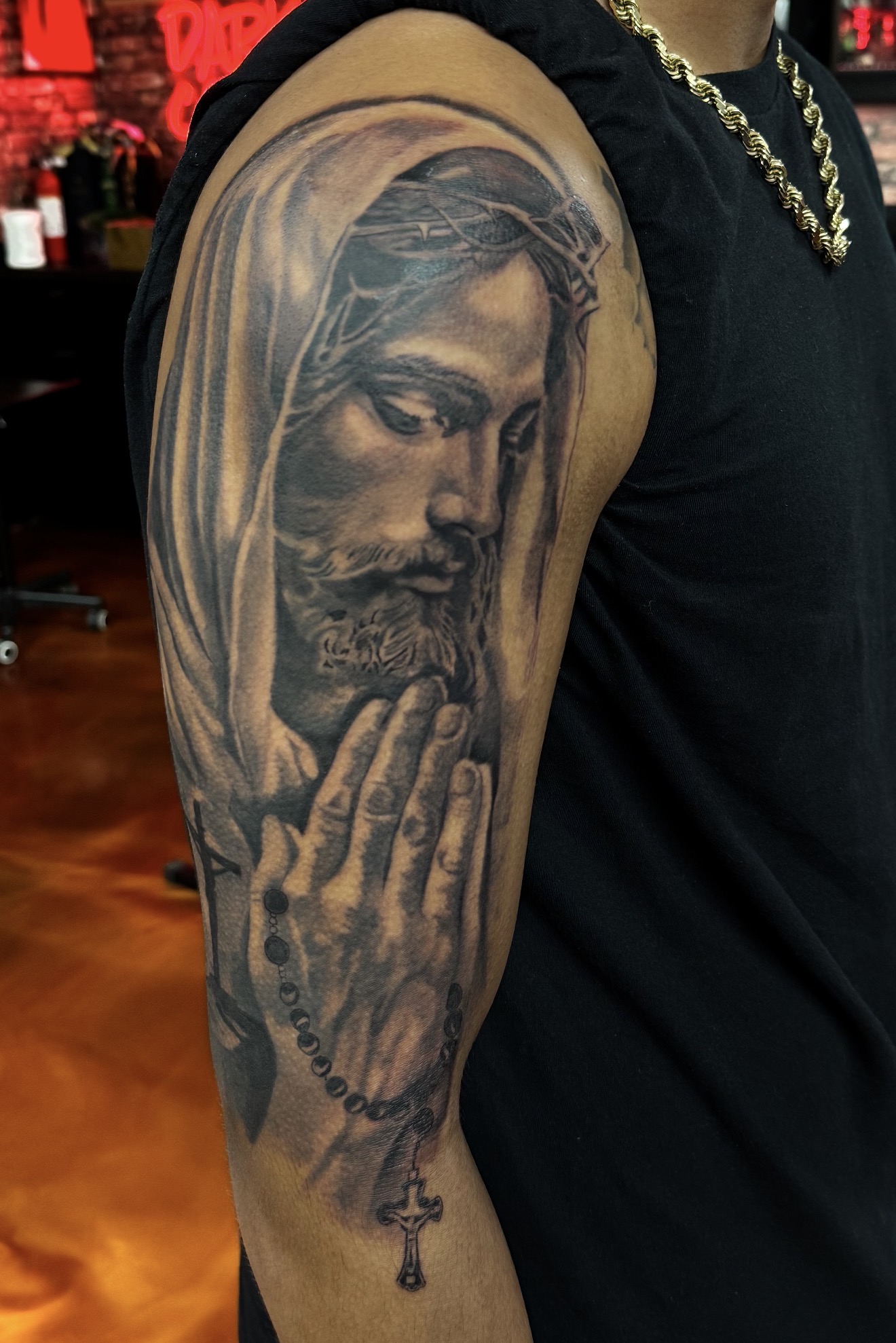 Marc Cabos Black and Grey Religious Realism Tattoo