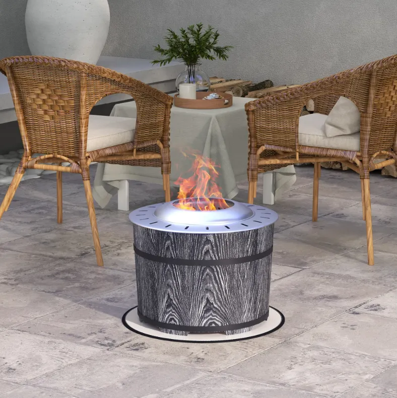 Fire pit on a patio with wicker chairs