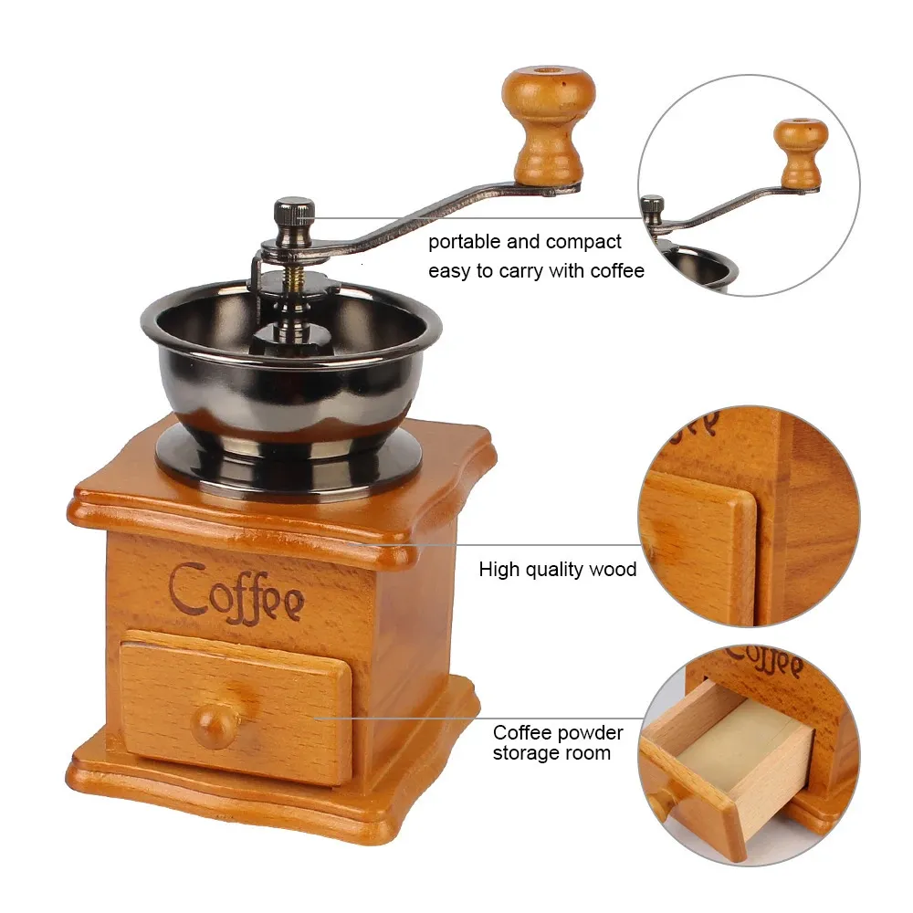 Wooden manual coffee grinder with metal bowl and drawer