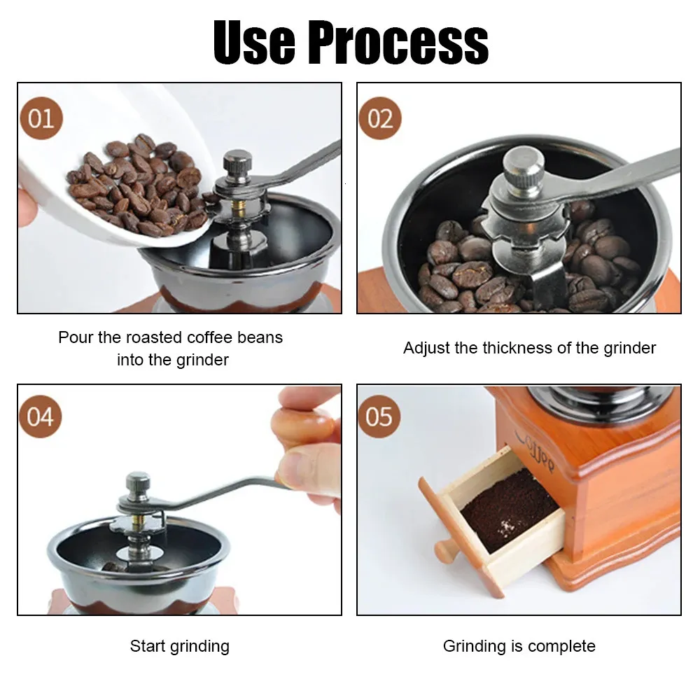 Step-by-step process of using a manual coffee grinder