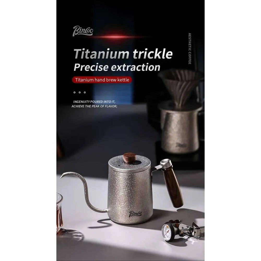 Bincoo titanium gooseneck kettle on a table with pour-over setup
