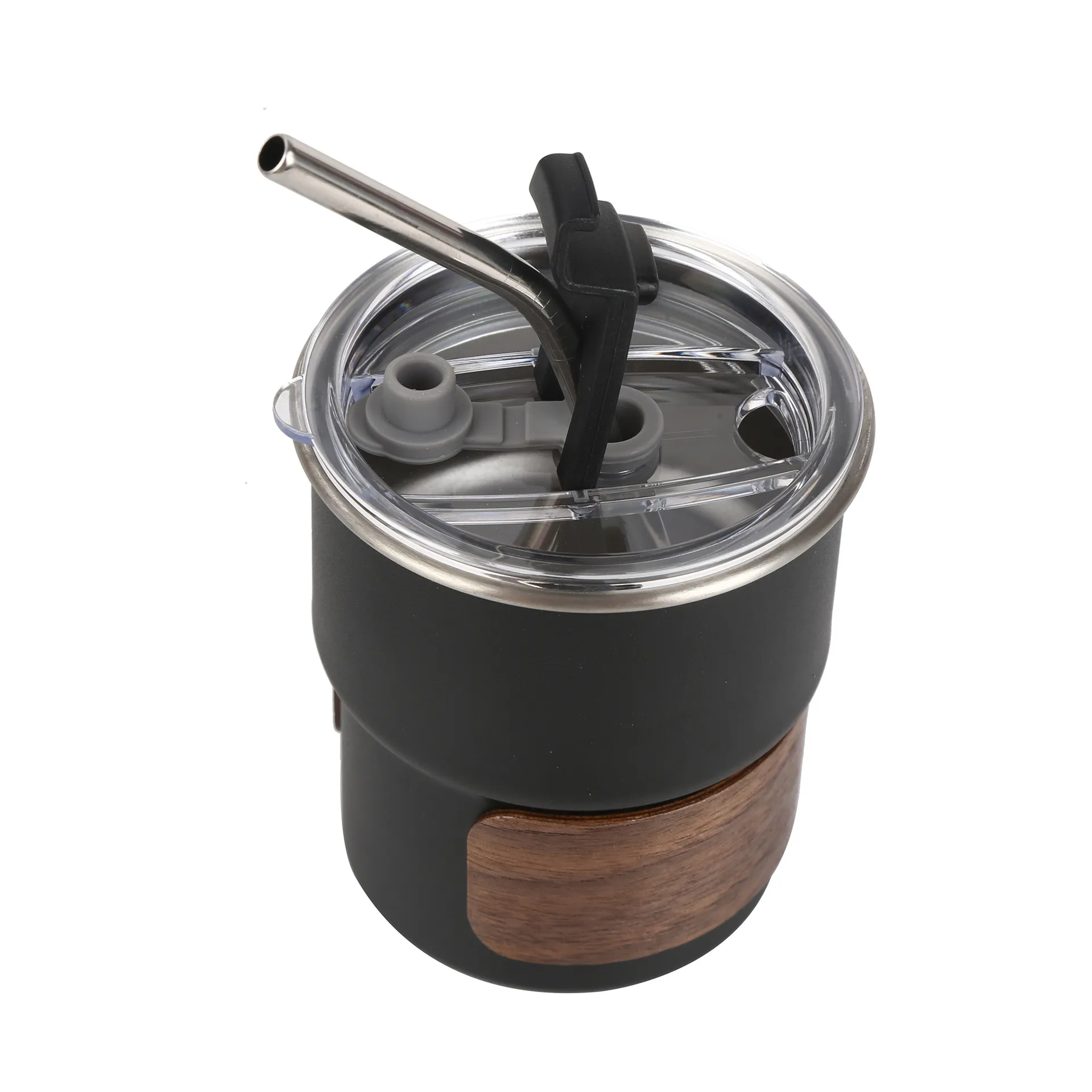 10 oz stainless steel anti-spill coffee cup with straw and wooden sleeve