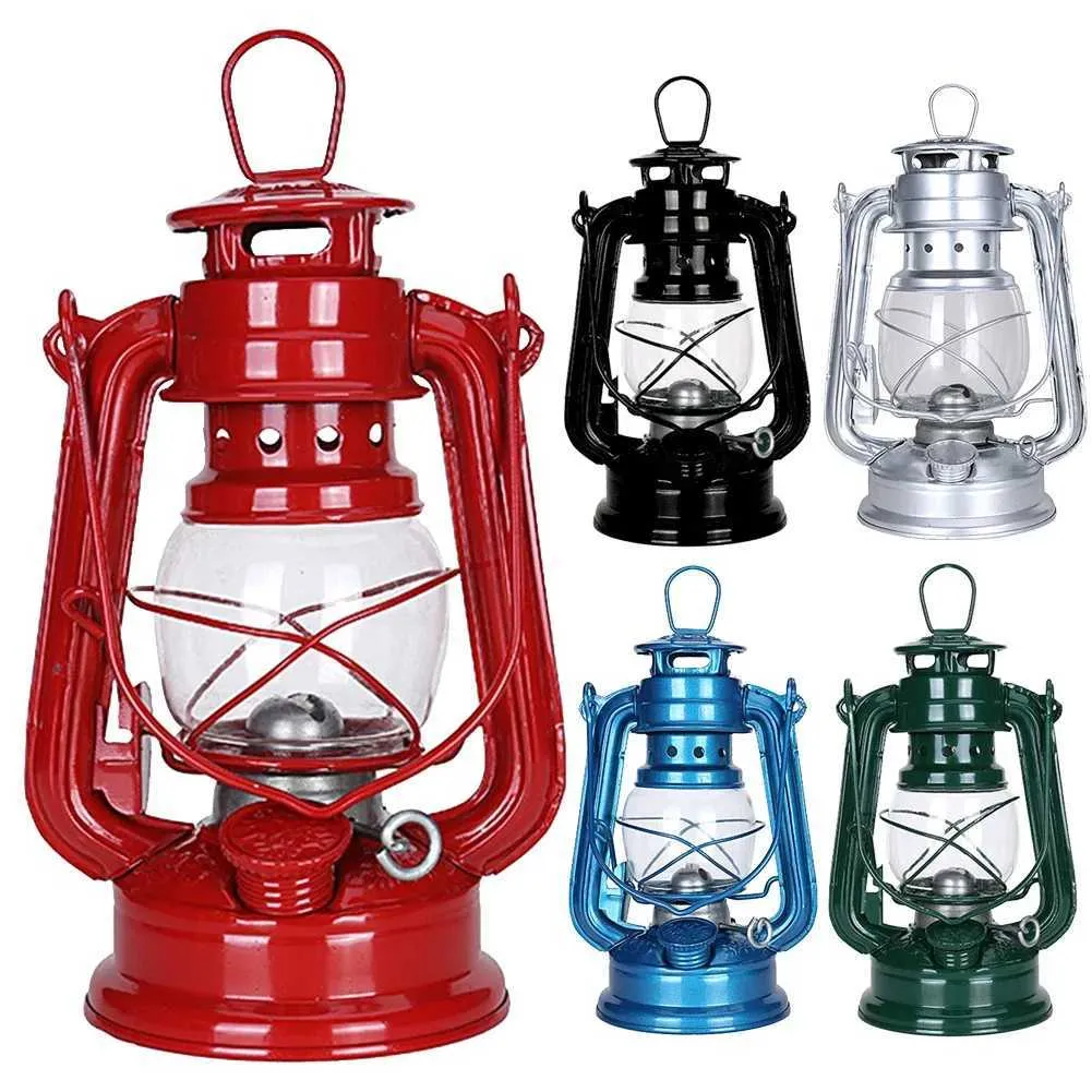 Assorted vintage kerosene hurricane lanterns in red, black, silver, blue, and green