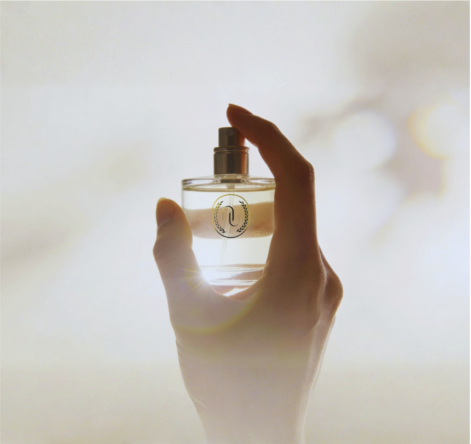 Hand holding a Your Aura perfume bottle in soft golden light